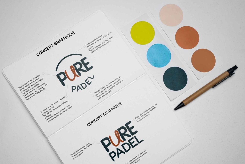identité visuelle complète de Pure Padel avec logos, palette de couleurs et éléments graphiques